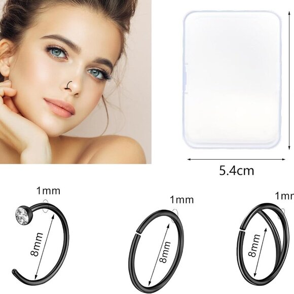 29Pcs Black Stainless Steel Nose Rings Hoops Studs Body Jewelry Gift - Picture 3 of 7